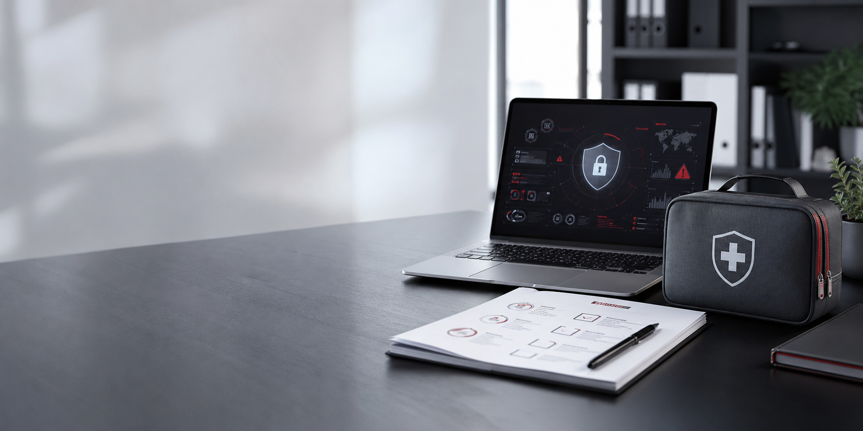Cyber incident response desk with a laptop, checklist, and first-aid kit.